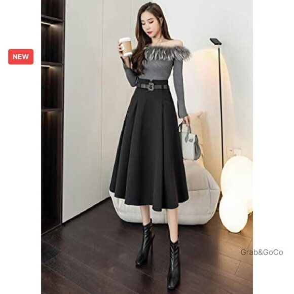 Wool Midi Skirt High Waisted A-Line Pleated Belted Elegant Fall Winter - Picture 3 of 8